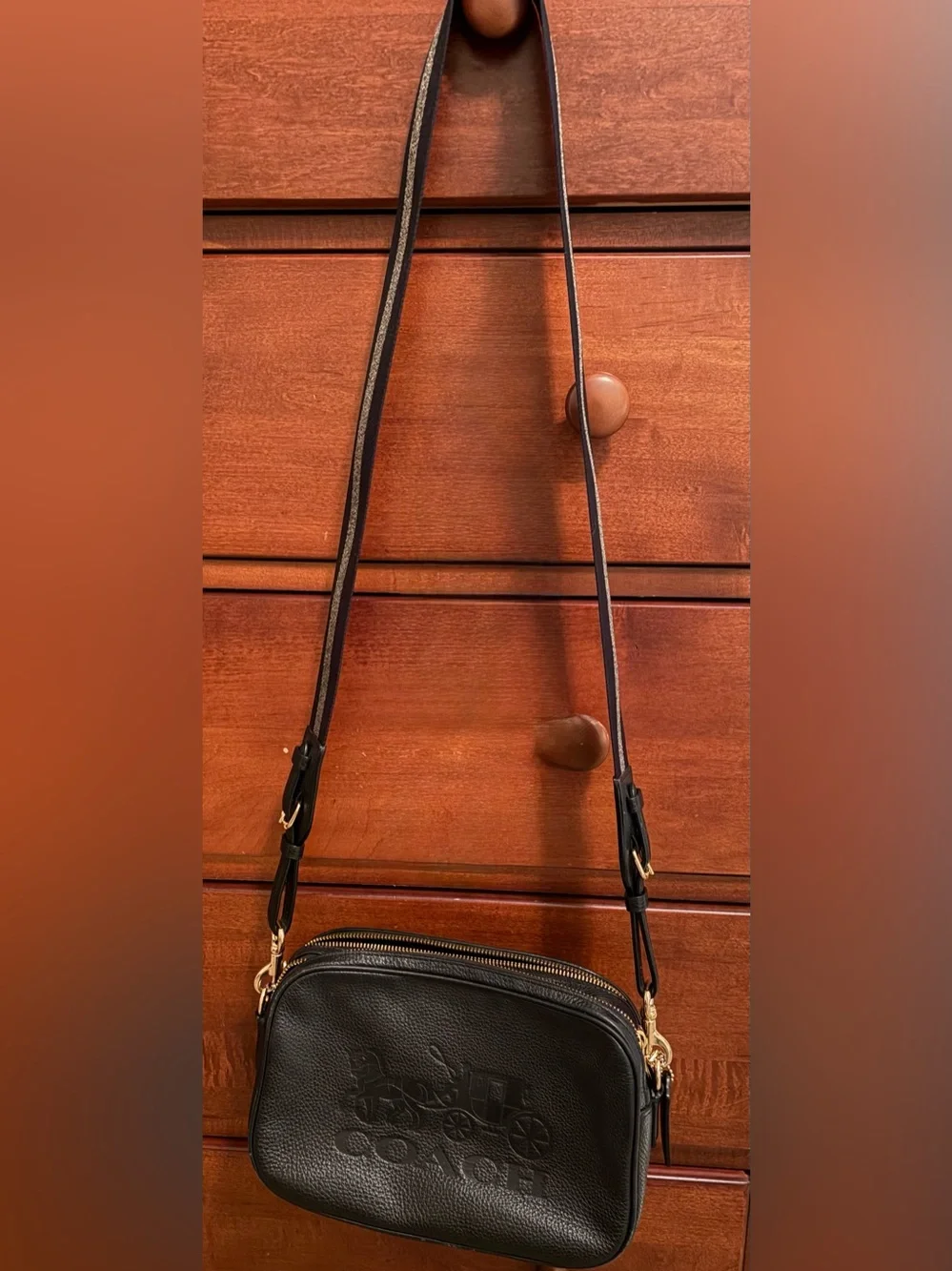 Coach Black Leather Crossbody with Striped Shoulder Strap and Gold Hardware